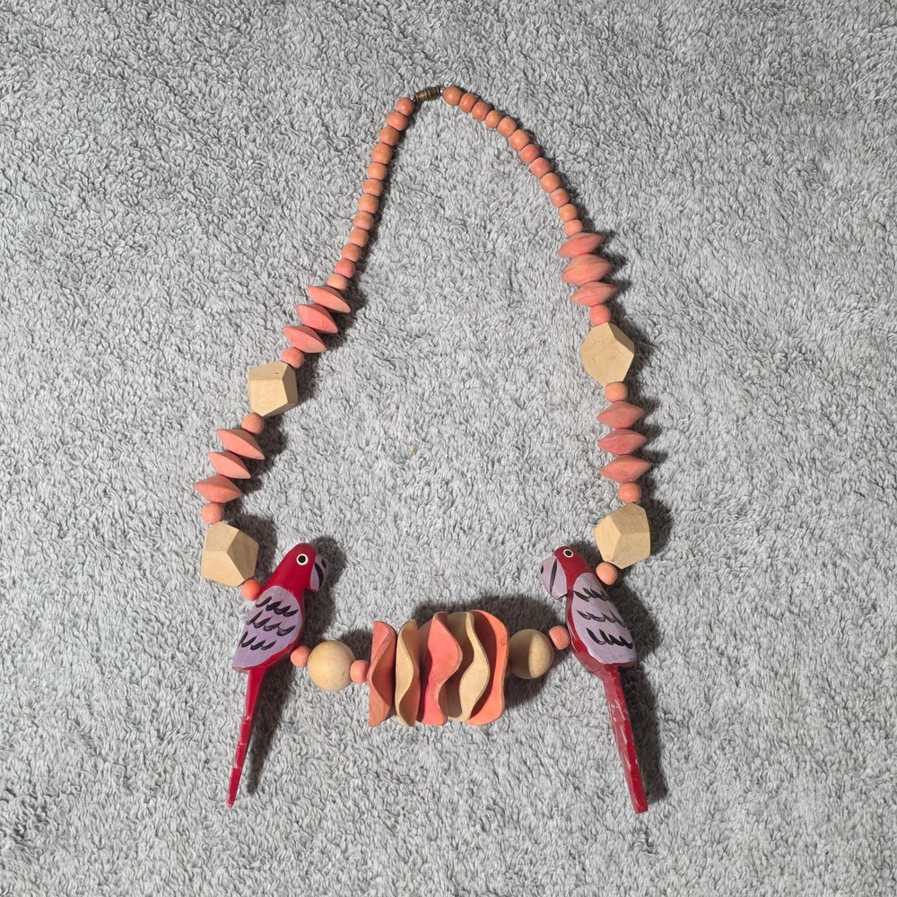 Vintage Hand Painted Wooden Parrot Statement Necklace Tropical Boho Red Coral
